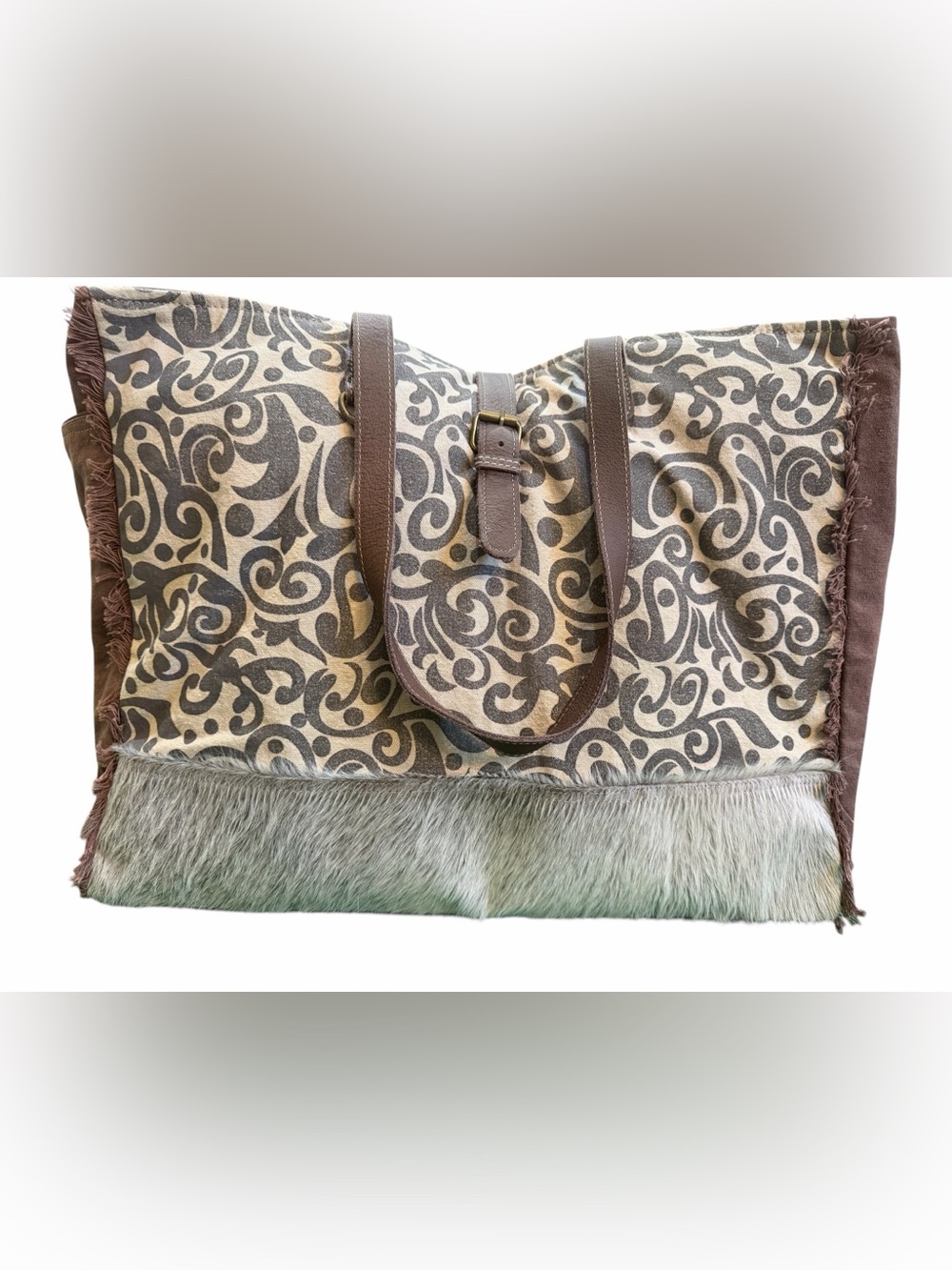 Myra Bag XL Hair-On Hide Canvas Weekender Tote Travel Bag Leather Boho Western